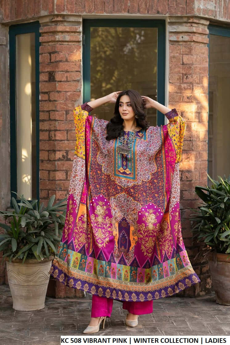 Pakistani women's vibrant pink silk long kaftan plazo back view