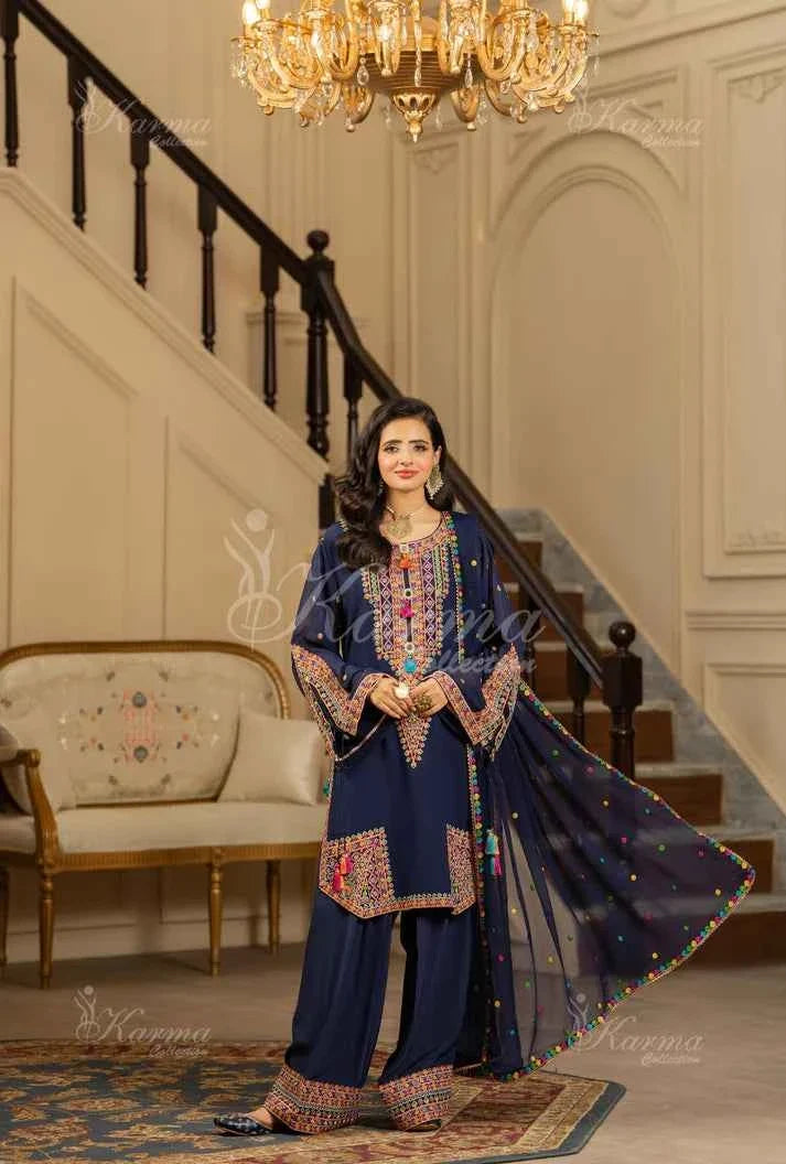 Silk short shirt farshi shalwar navy blue - Pakistani women's traditional formal outfit front view