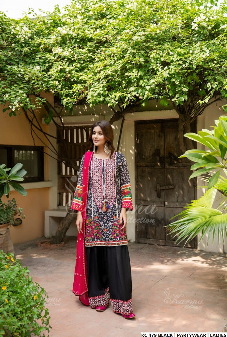 Black silk Pakistani women's long kaftan side view