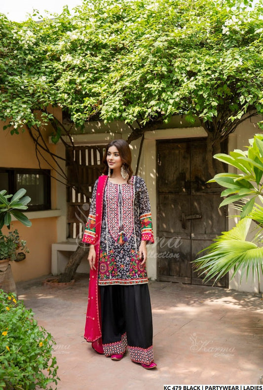 Black silk Pakistani women's long kaftan side view