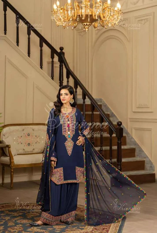Navy blue silk Pakistani women's short shirt with farshi shalwar side view