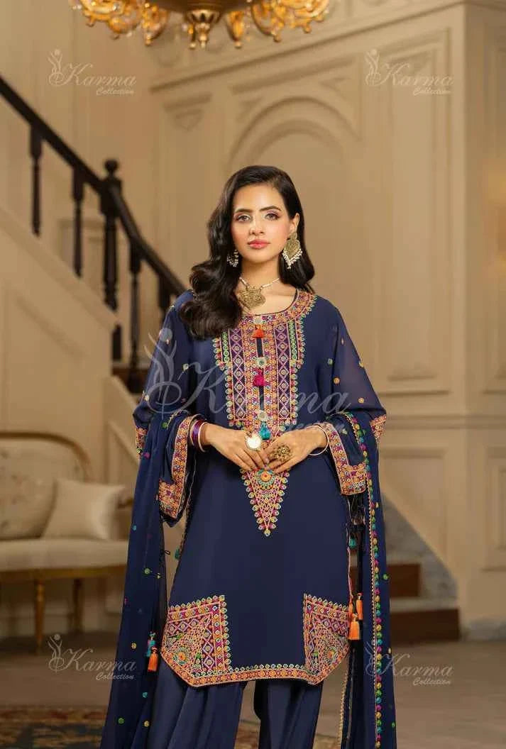 Pakistani women's navy blue silk short shirt farshi shalwar full view
