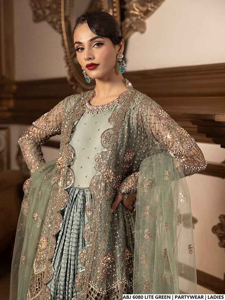 Pakistani women's light green chiffon short frock detail view