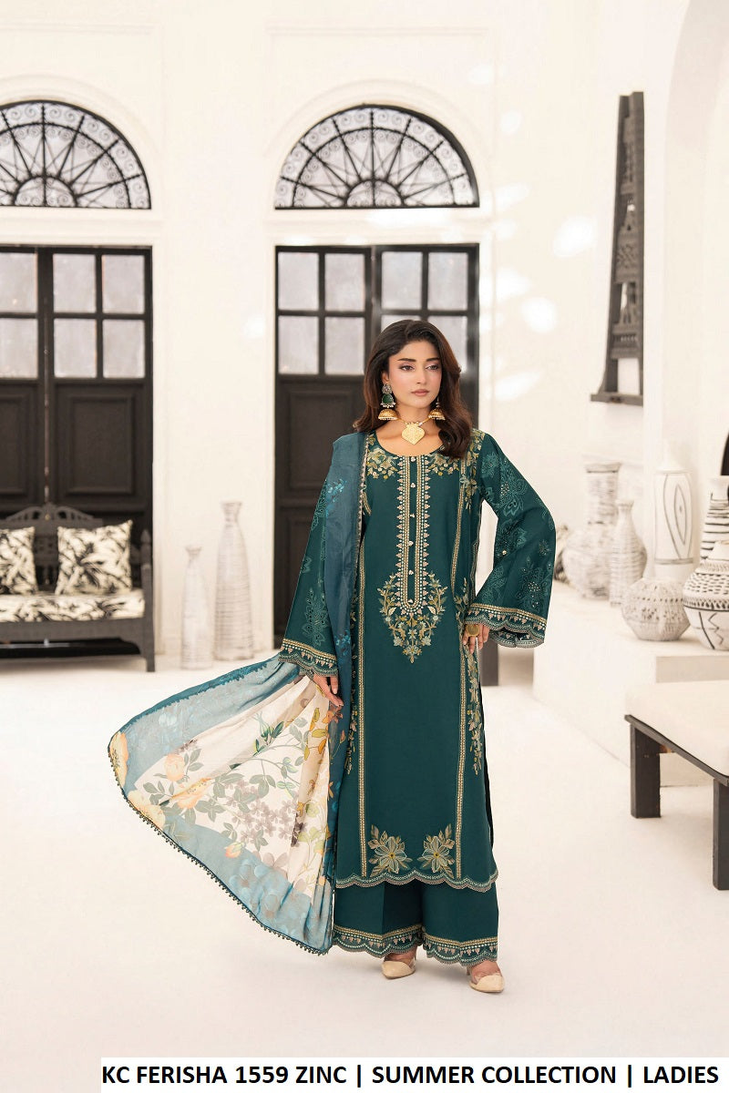 Cotton straight shirt plazo zinc grey - Pakistani women's casual outfit with digital print silk dupatta front view