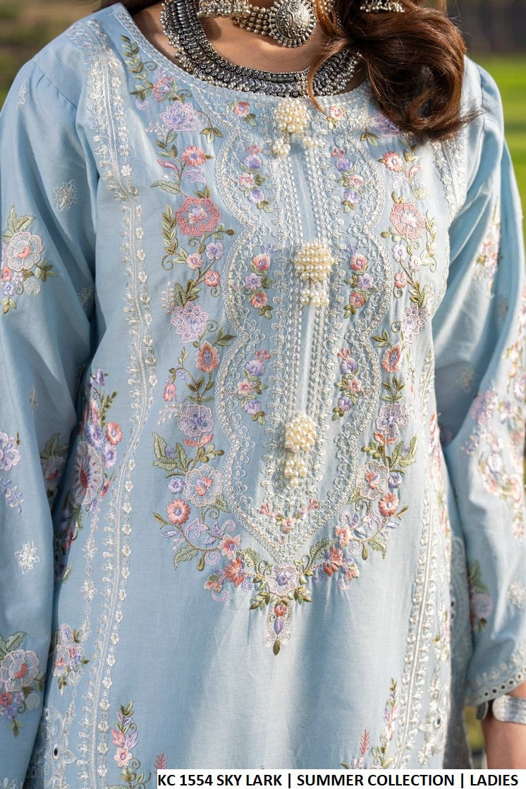 Pakistani women's sky lark blue cotton short shirt farshi shalwar detail view