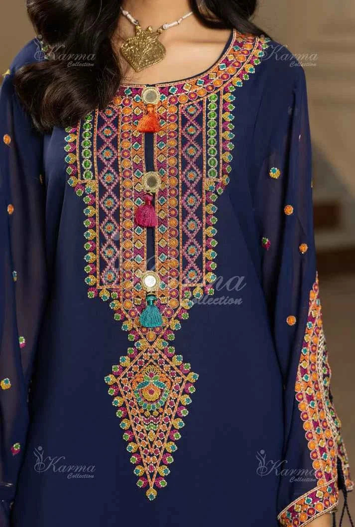 Pakistani women's navy blue silk short shirt farshi shalwar back view