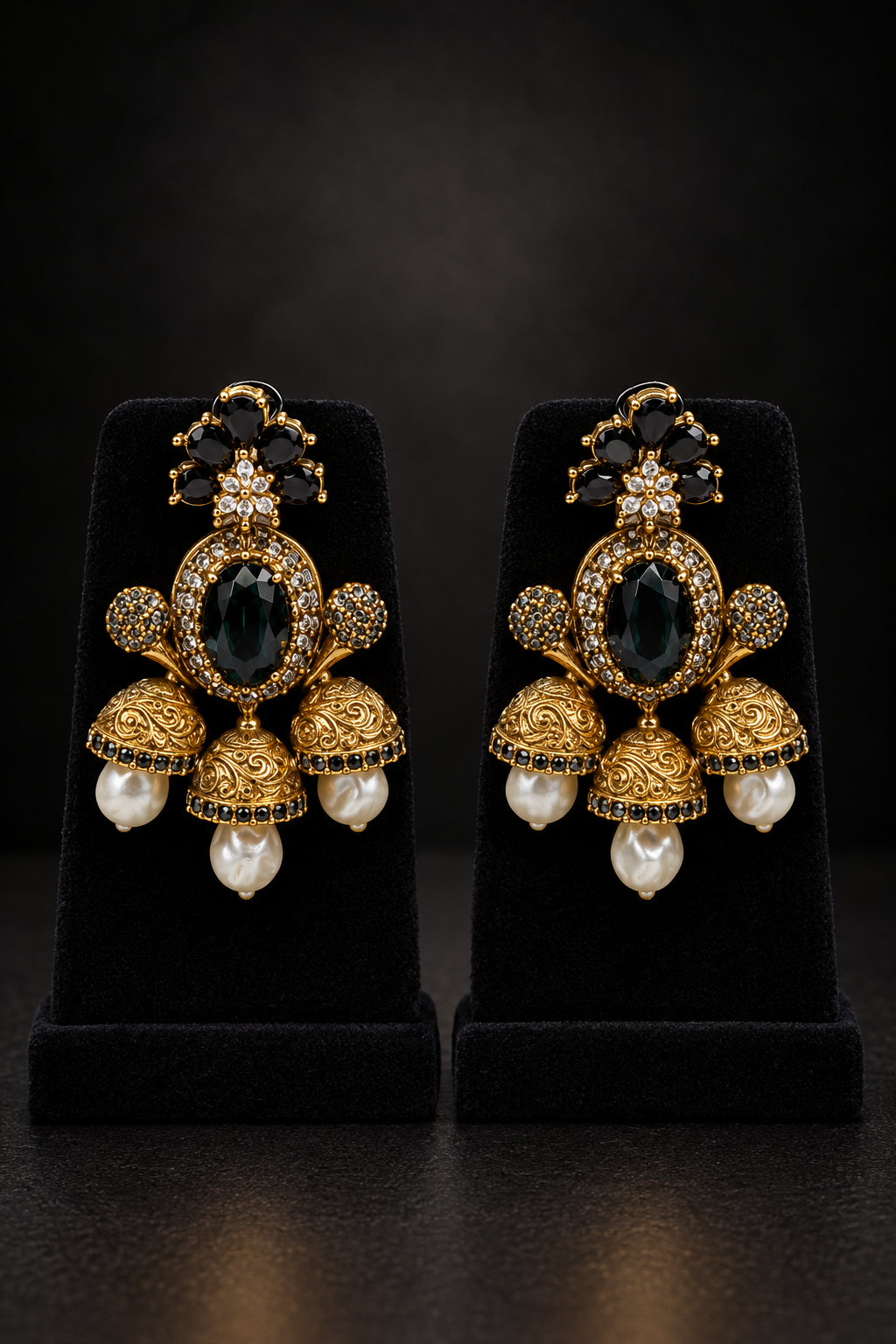 JW182 – Gold-Tone Emerald Green Pearl-Style Statement Earrings