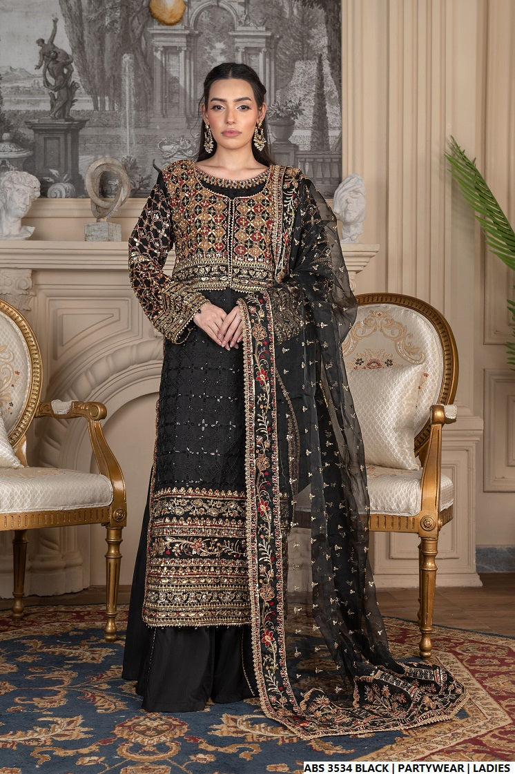 Organza straight shirt black - Pakistani women's elegant formal wear with viscose trouser and organza dupatta front view