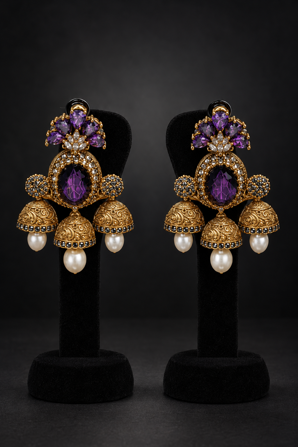 JW182 – Gold-Tone Purple Stone Pearl Jhumka Earrings