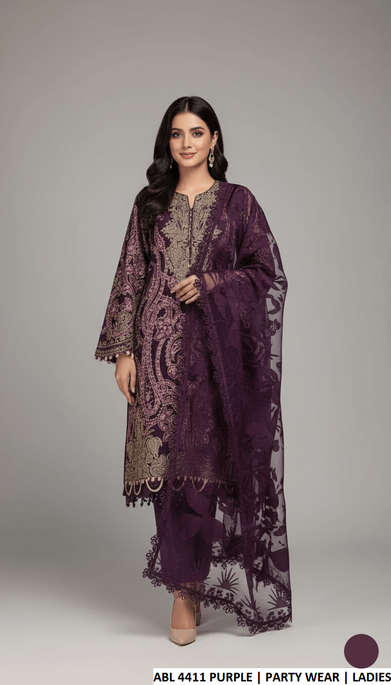 Chiffon straight shirt purple - Pakistani women's elegant party wear with viscose trouser and chiffon dupatta front view