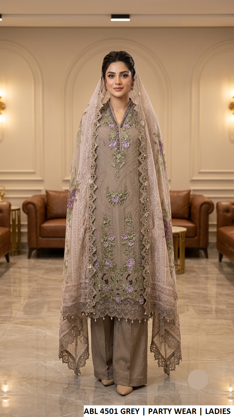 ABL 4501 GREY - Grey Chiffon Straight 3-Piece Women's Pakistani Suit