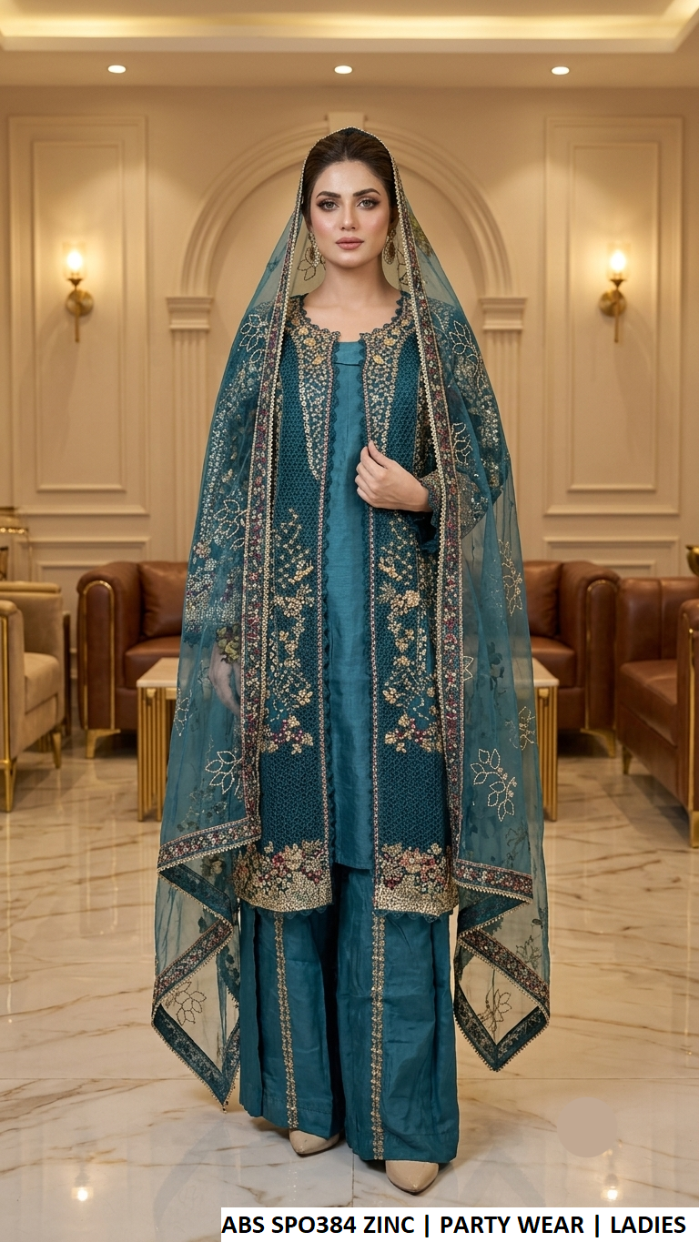 ABS SPO384 ZINC - Zinc Organza Open Shirt with Viscose Plazo for Pakistani Women