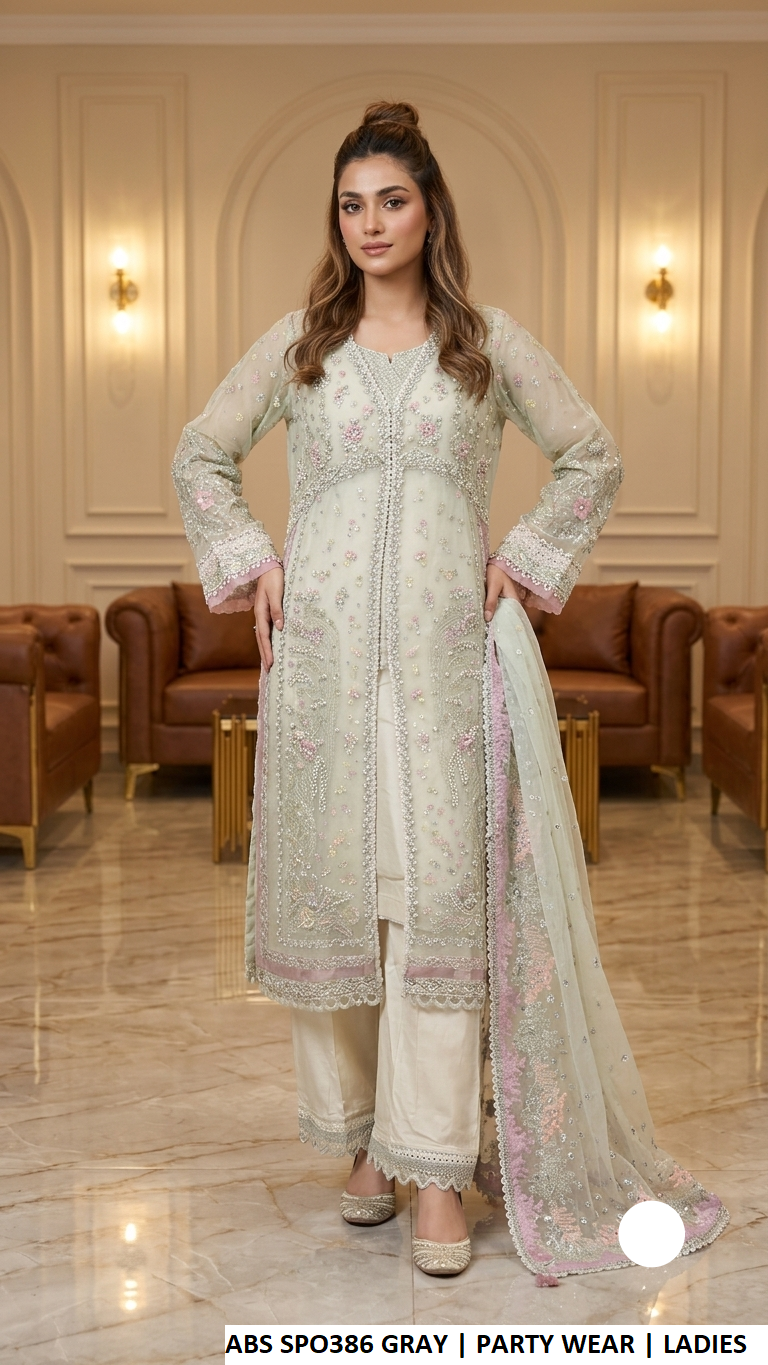 Light grey embroidered straight suit with trouser and dupatta, Pakistani women's party wear