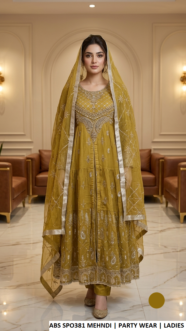 ABS SPO381 MEHNDI - Mehndi Chiffon Open Frock 3-Piece Women's Pakistani Suit