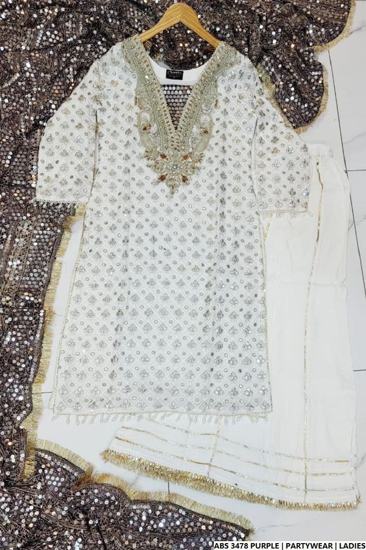 Pakistani women's purple organza straight shirt detail view