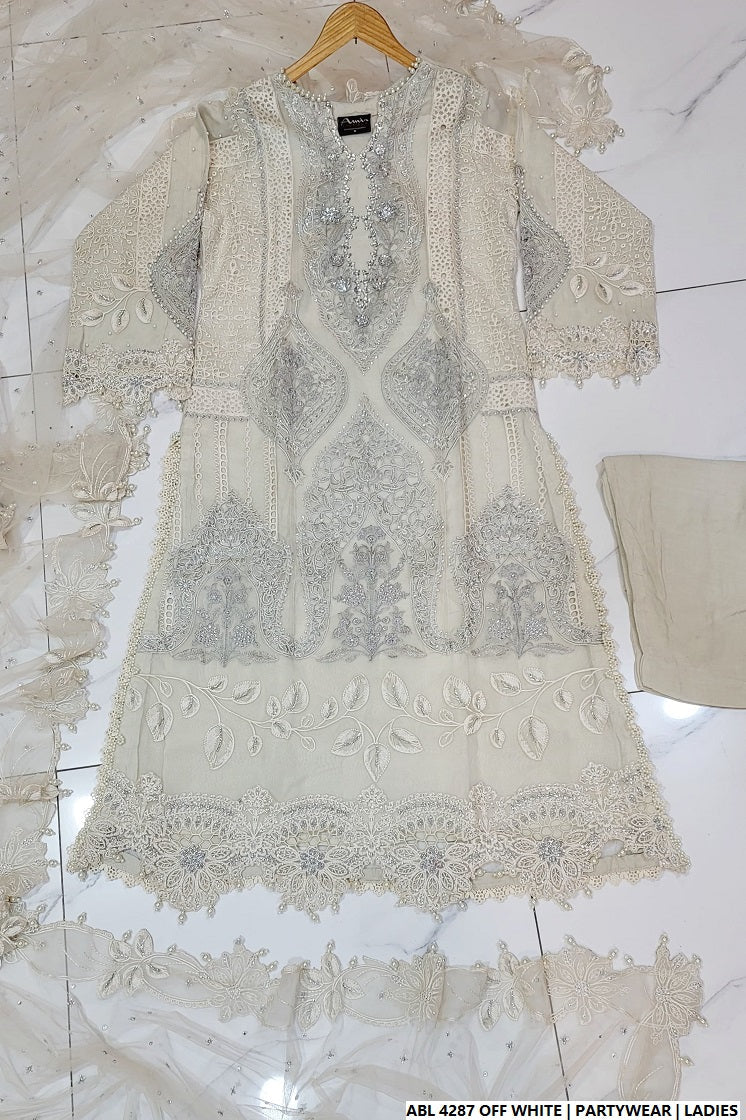 Pakistani women's off white organza A-Line shirt back view