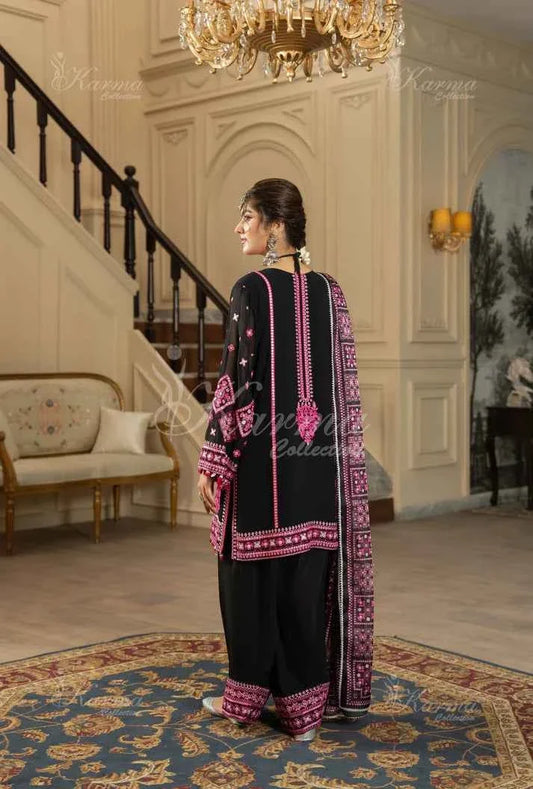 Black silk Pakistani women's short shirt with farshi shalwar side view