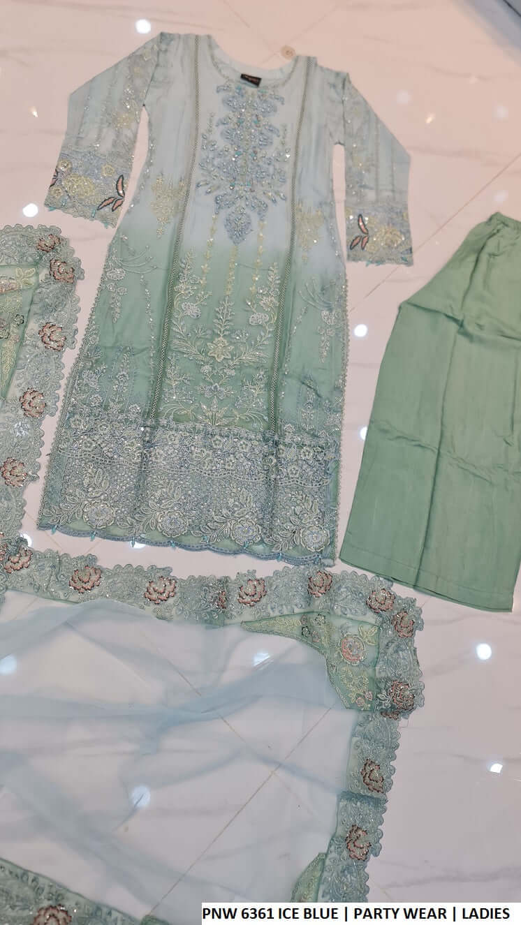 Ice blue chiffon Pakistani women's straight shirt back view