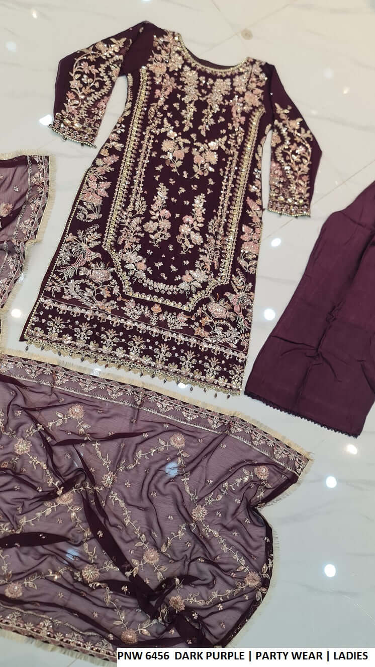 Dark purple chiffon Pakistani women's straight shirt back view