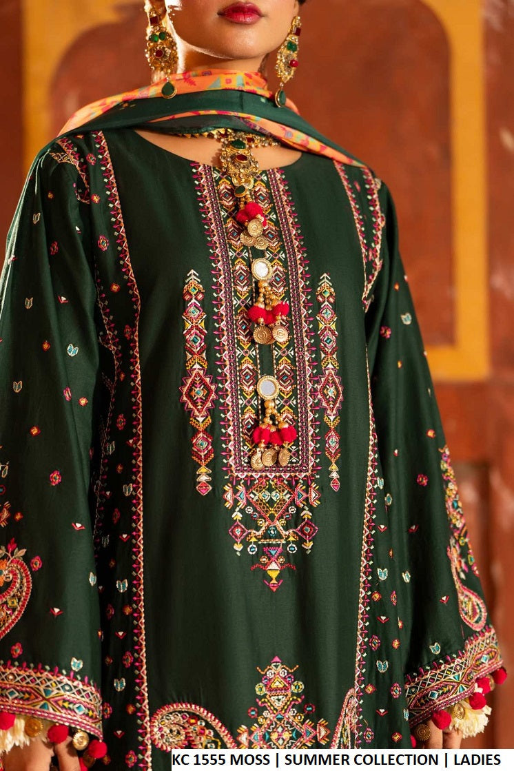 Pakistani women's moss green cotton A-Line shirt plazo detail view