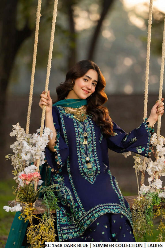 Dark blue cotton Pakistani women's embroidered short shirt side view