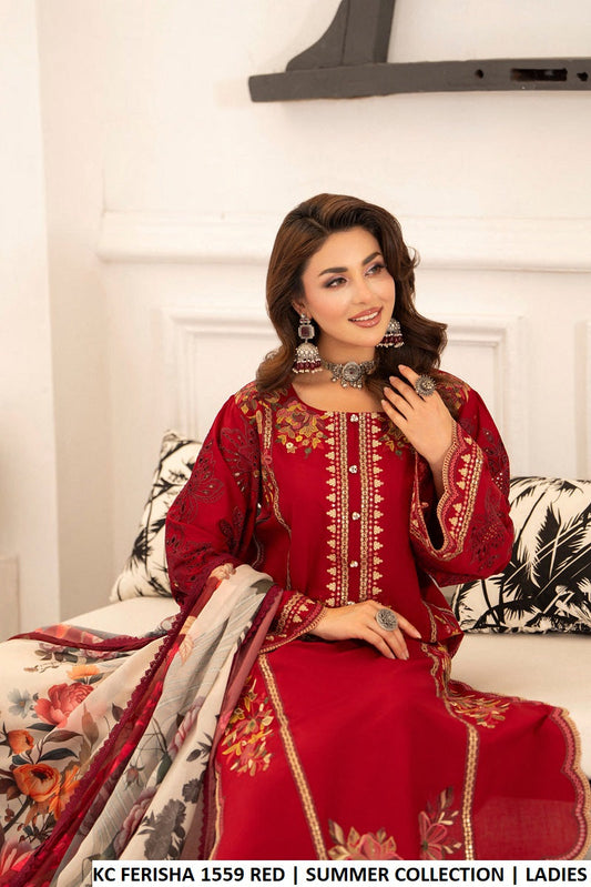 Red cotton Pakistani women's straight shirt with plazo side view