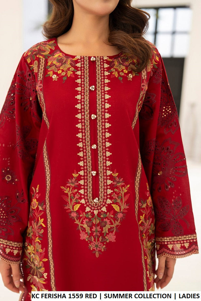 Pakistani women's red cotton straight shirt plazo detail view