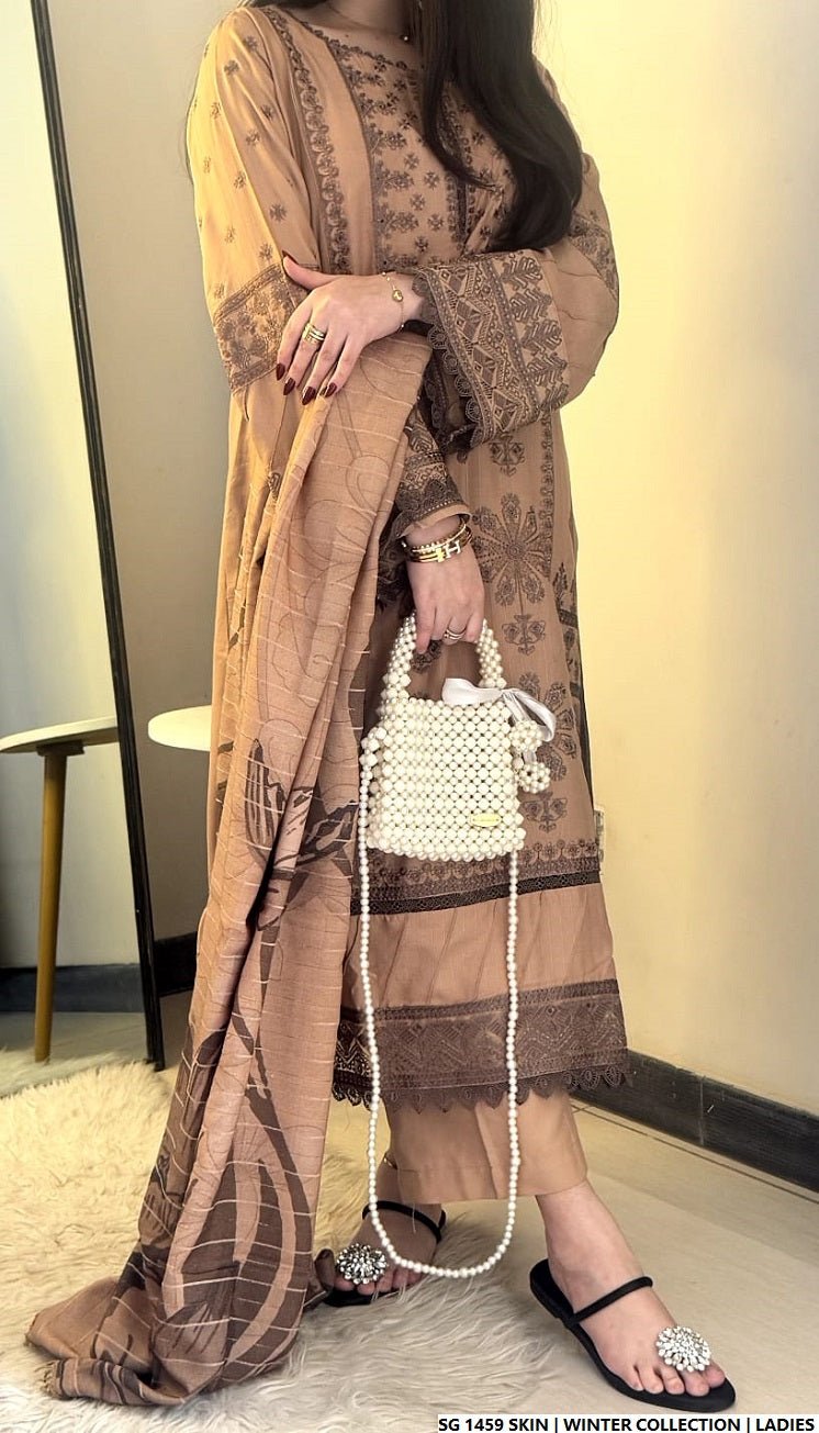 SG 1459 Dhanak A-Line Pakistani women's winter dress with digital dupatta side view