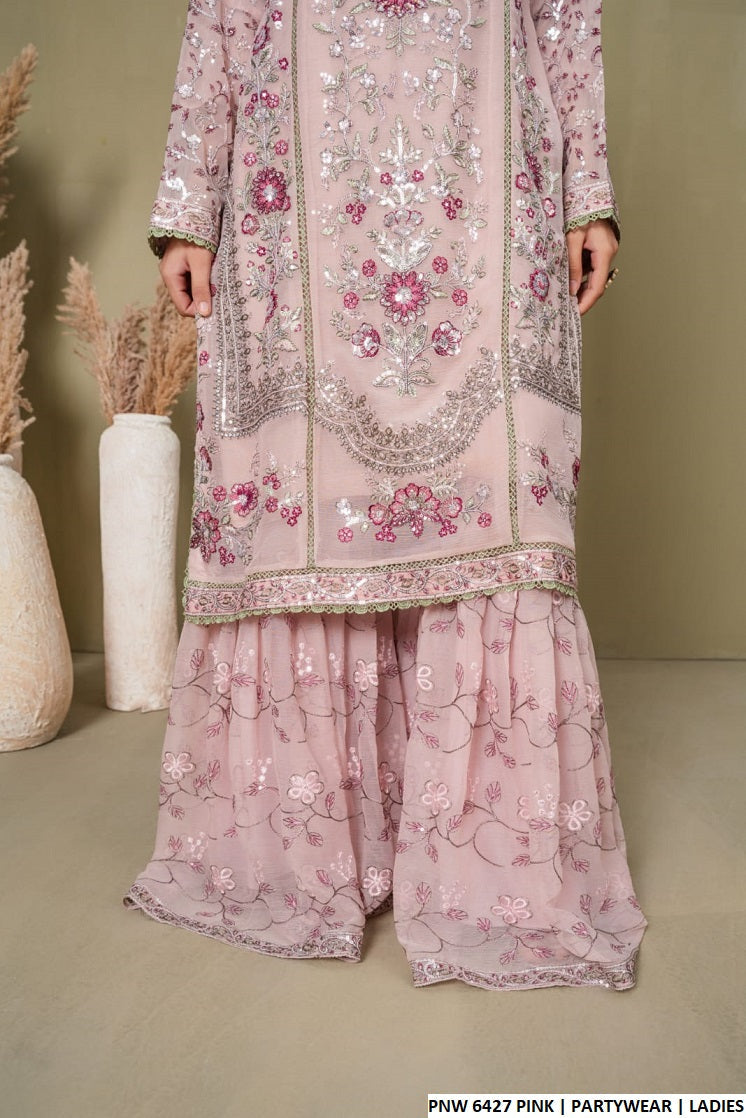 Pakistani women's pink chiffon straight shirt gharara detail view