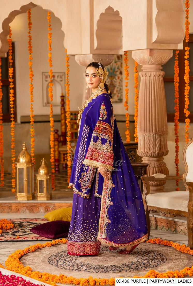 Pakistani women's purple silk long kaftan plazo back view