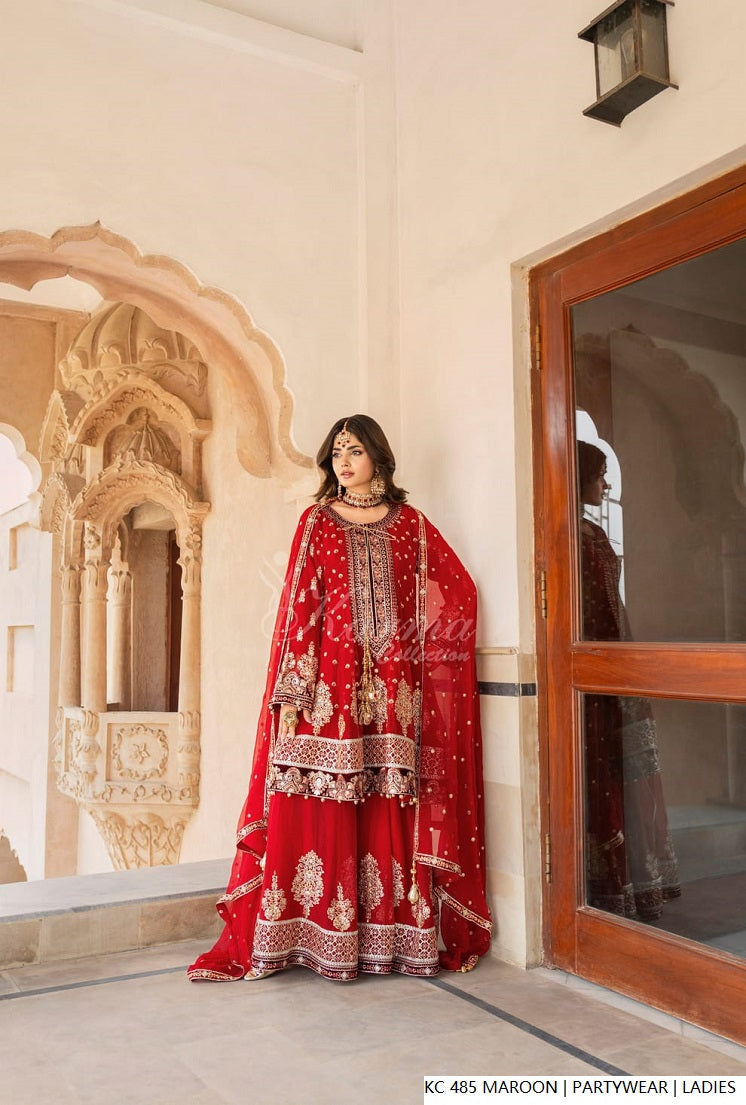 Maroon silk Pakistani women's long kaftan with plazo side view