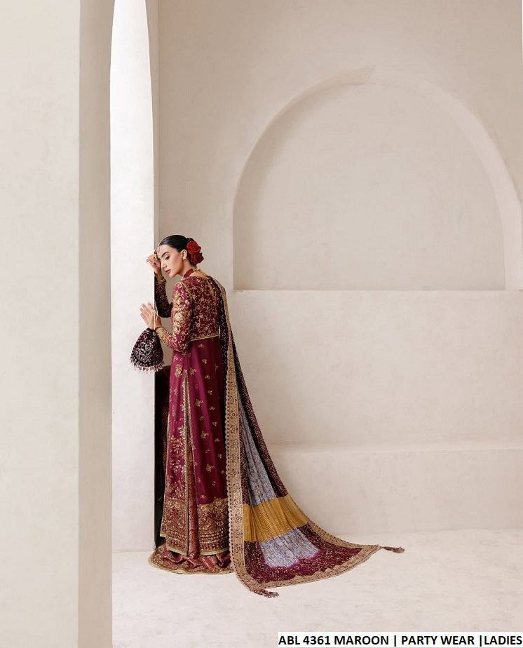 Pakistani women's maroon chiffon straight shirt back view