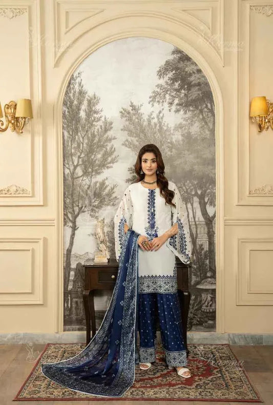 Navy blue silk Pakistani women's short shirt with farshi shalwar side view
