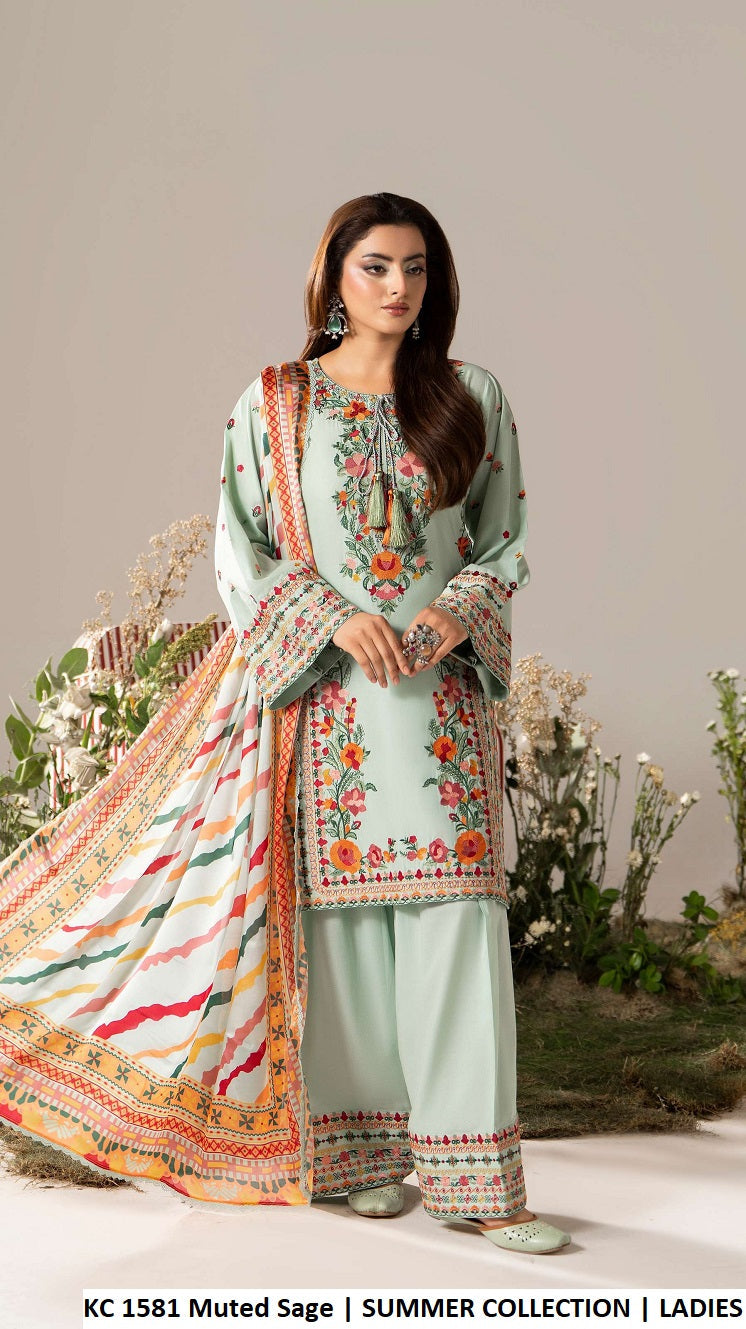 KC AYRA 1581 MUTED SAGE - Muted Sage Embroidered 3-Piece Women's Ready to Wear Suit