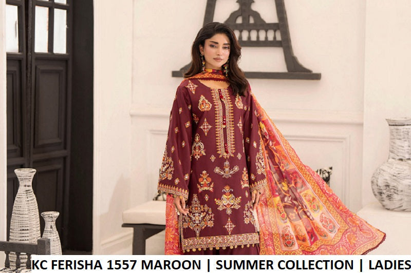 Pakistani women's maroon cotton short shirt farshi shalwar detail view
