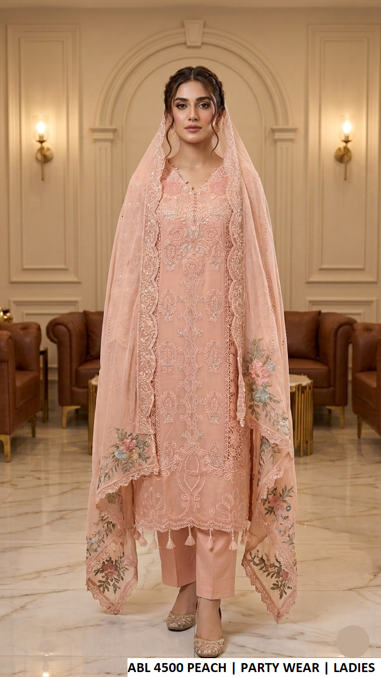 ABL 4500 PEACH - Peach Chiffon 3-Piece Women's Straight Plazo Suit Pakistan
