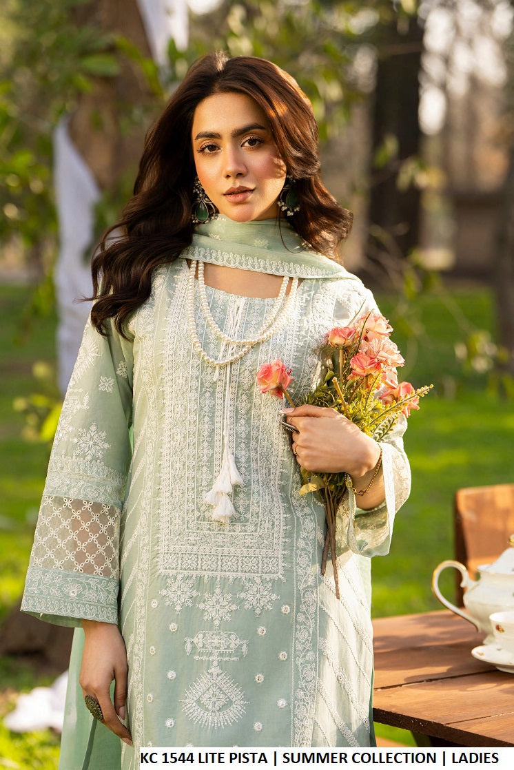 Light pista green cotton Pakistani women's long embroidered shirt side view