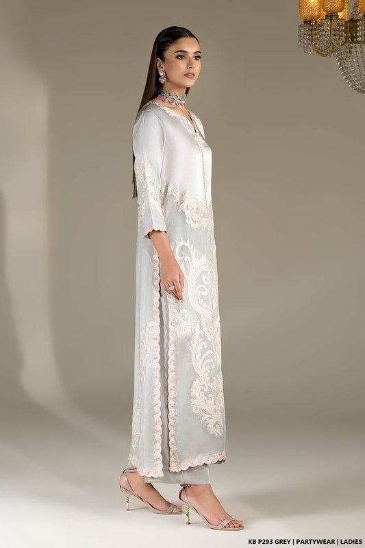 Grey velvet Pakistani women's embroidered suit side view