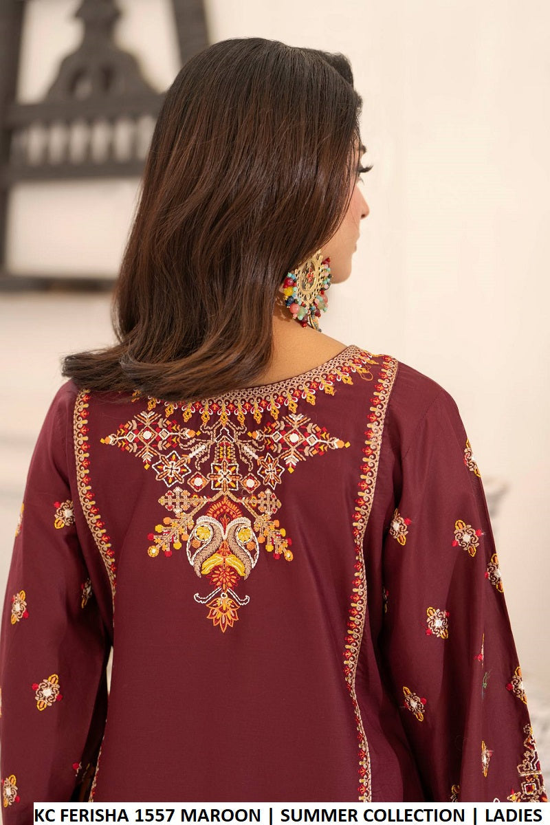 Pakistani women's maroon cotton short shirt farshi shalwar back view