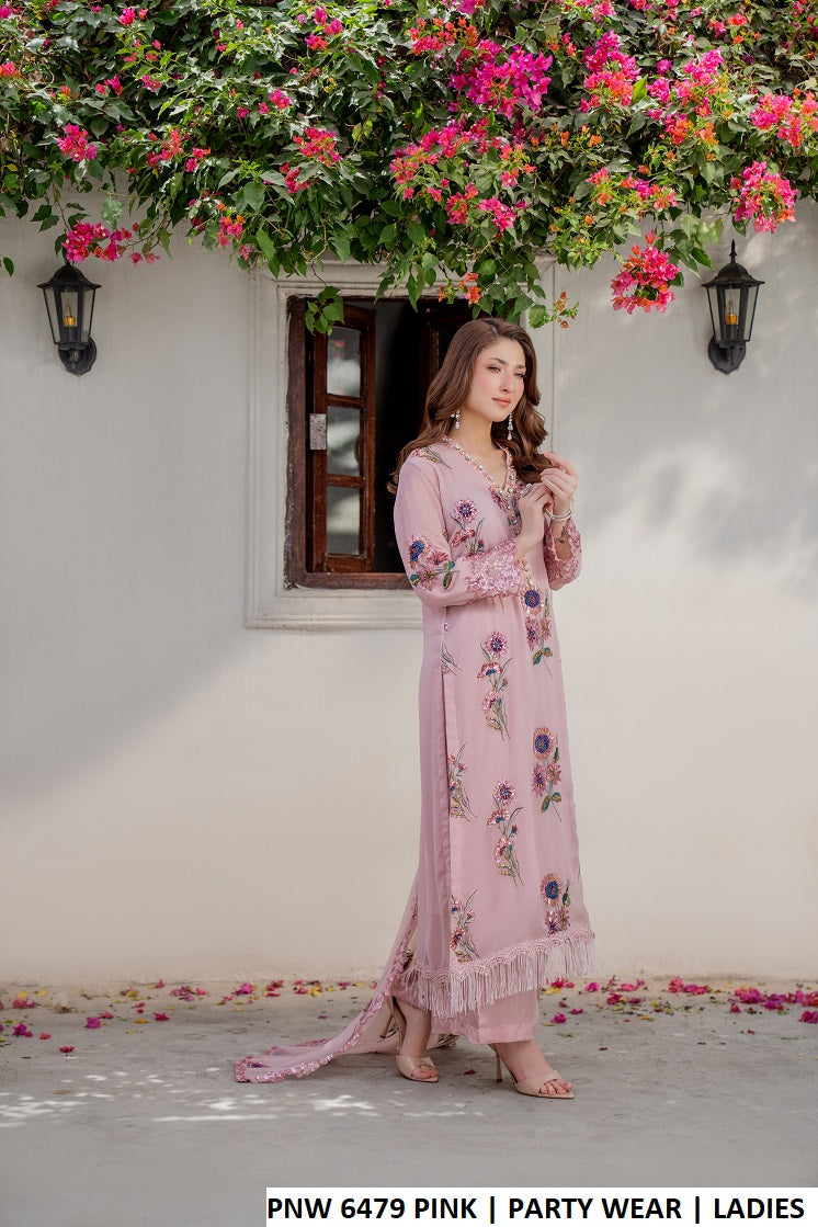 PNW 6479 PINK - Pink Chiffon Straight Women’s 3-Piece Pakistani Plazo Suit