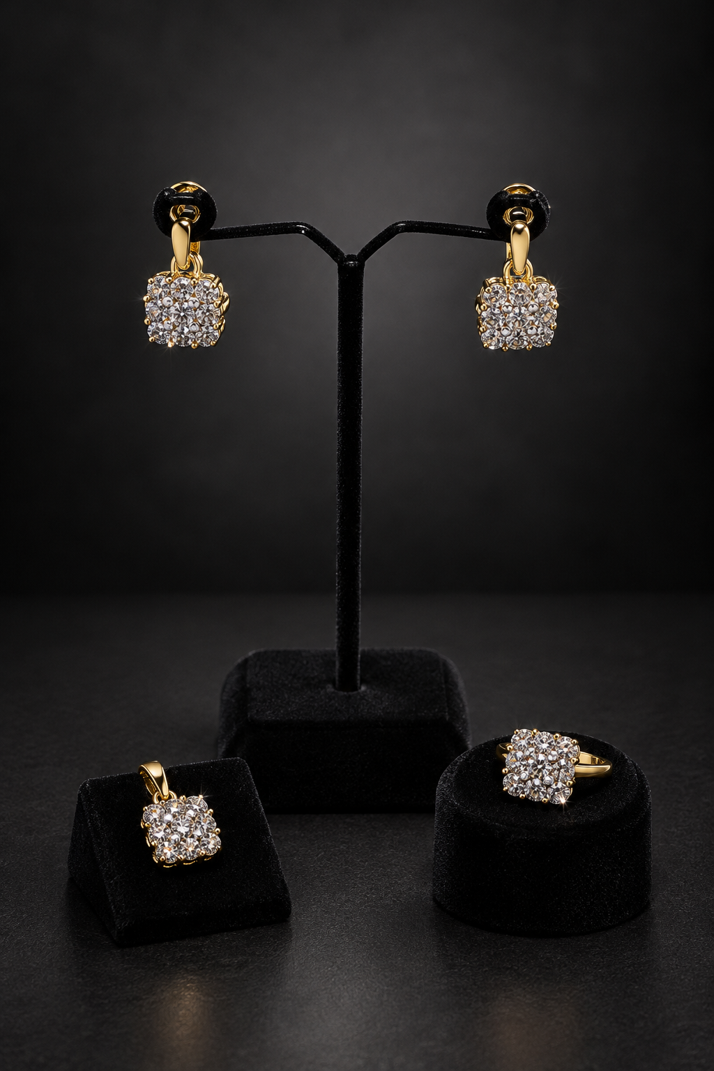 JW195 – Gold-Tone Crystal Cluster Earrings, Pendant and Ring Set