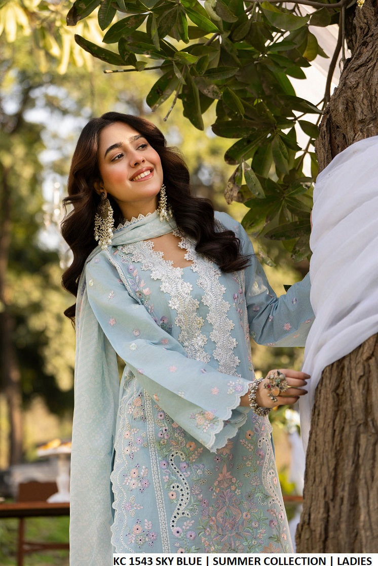 Blue cotton Pakistani women's embroidered shirt side view