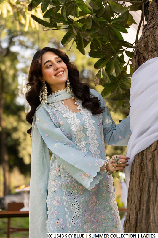 Blue cotton Pakistani women's embroidered shirt side view