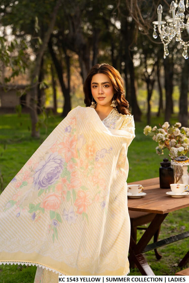 Pakistani women's yellow cotton embroidered shirt detail view