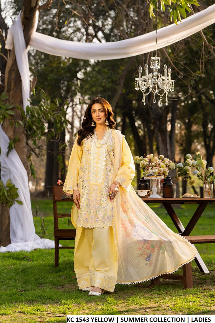 Pakistani women's yellow cotton embroidered shirt full view