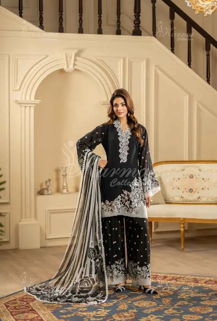 Silk short shirt farshi shalwar black - Pakistani women's traditional formal outfit front view