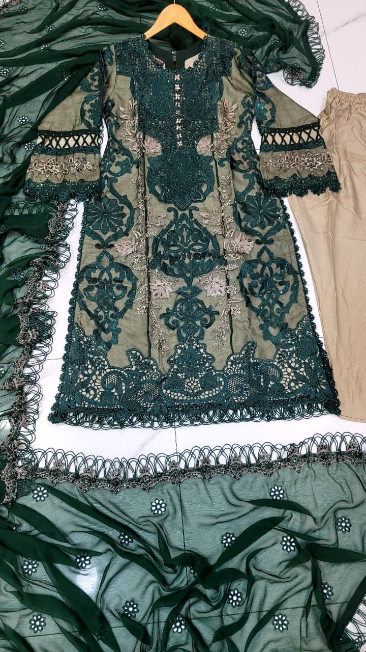 Pakistani women's bottle green organza A-Line shirt detail view
