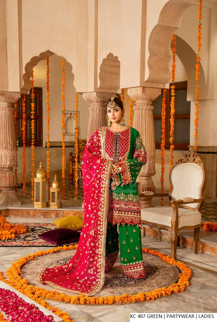 Silk long kaftan plazo green - Pakistani women's luxury formal wear with silk dupatta front view