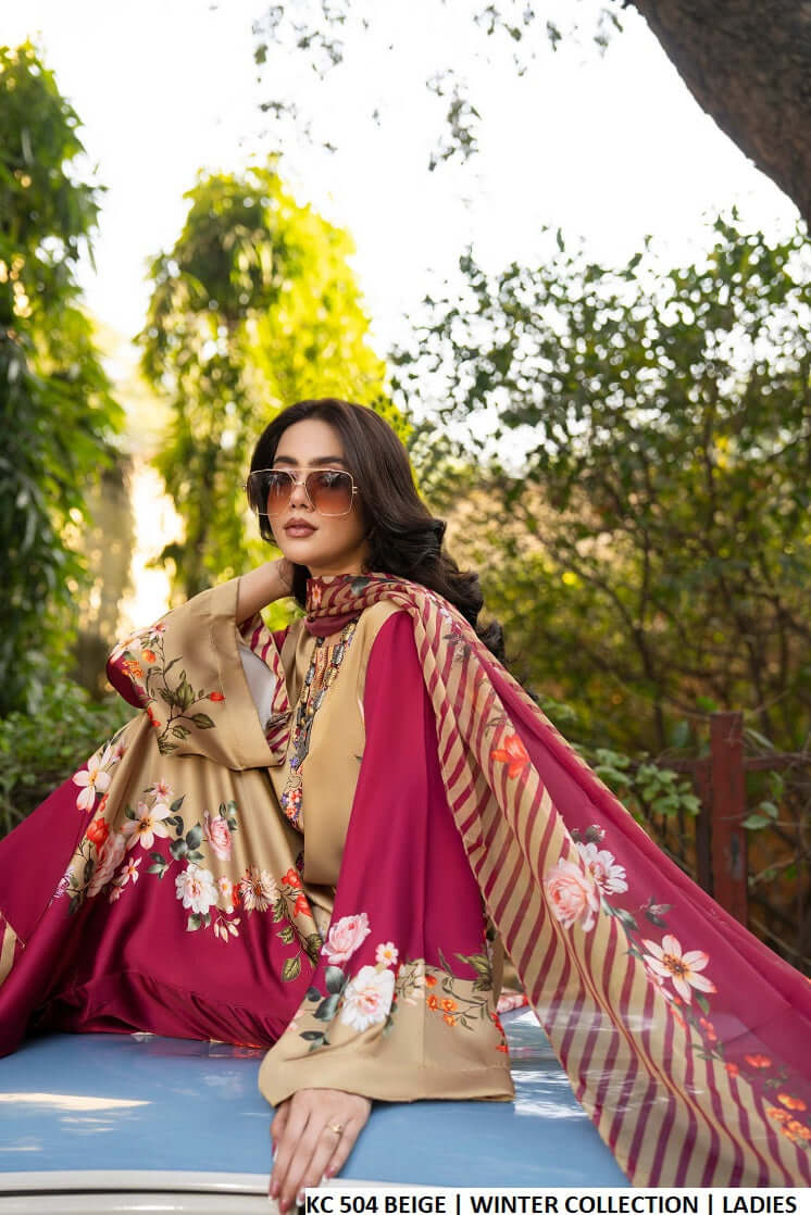 Beige silk Pakistani women's long straight shirt with plazo side view