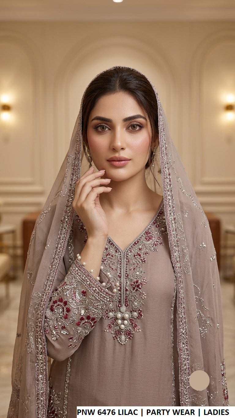 PNW 6476 LILAC - Lilac Chiffon Straight 3-Piece Women's Pakistani Suit with Plazo